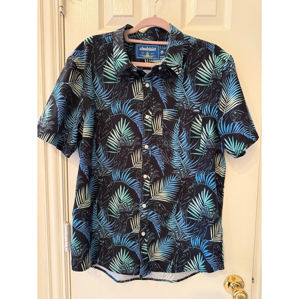 Chubbies Mens Large Button Down Short Sleeve Parrot Palm Tropical Shirt